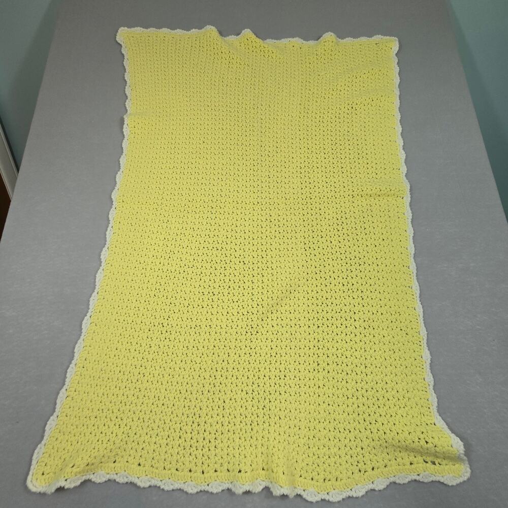Crochet Baby Blanket Afghan Yellow with White Border Measures Approx 31x44
